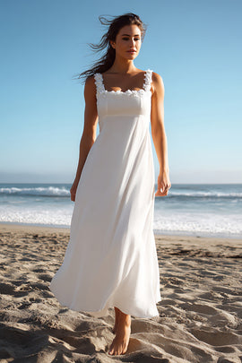 White Chiffon Square Neck A Line Long Wedding Reception Dress