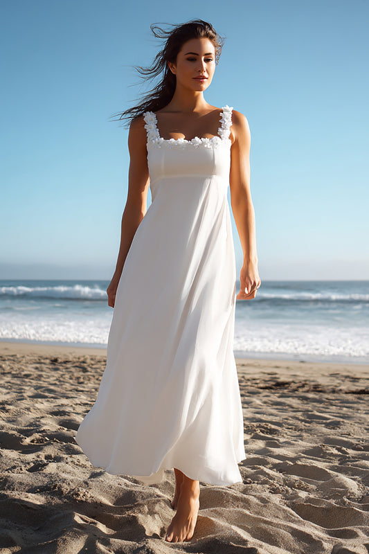 White Chiffon Square Neck A Line Long Wedding Reception Dress
