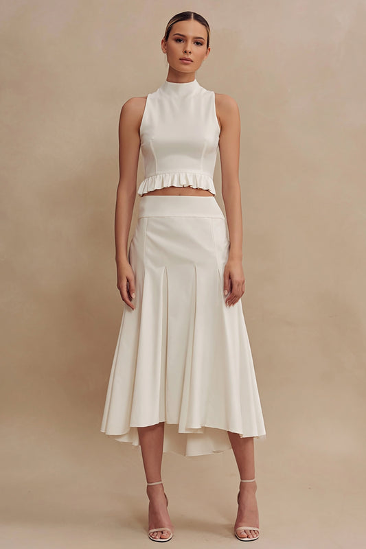 Ivory 2 Piece High Neck Ruffled A Line Midi Engagement Dress