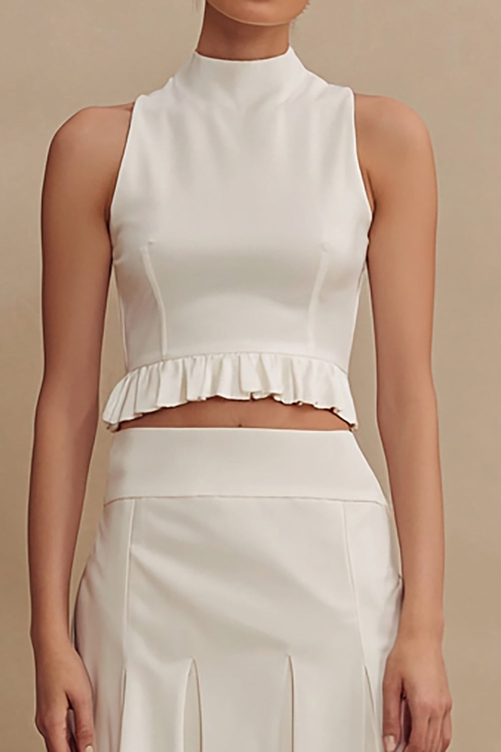 Ivory 2 Piece High Neck Ruffled A Line Midi Engagement Dress