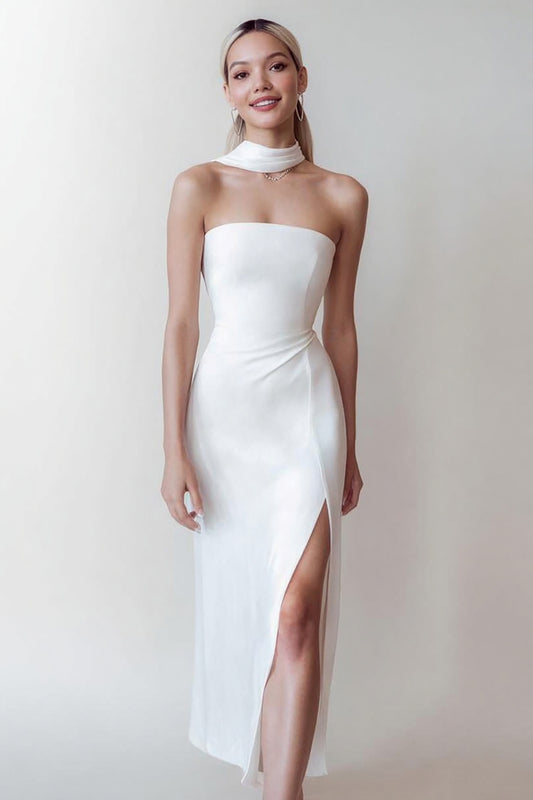 Simple White Neck Scarf Long Wedding Reception Dress with Slit