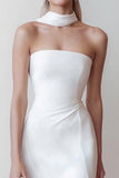 Simple White Neck Scarf Long Wedding Reception Dress with Slit