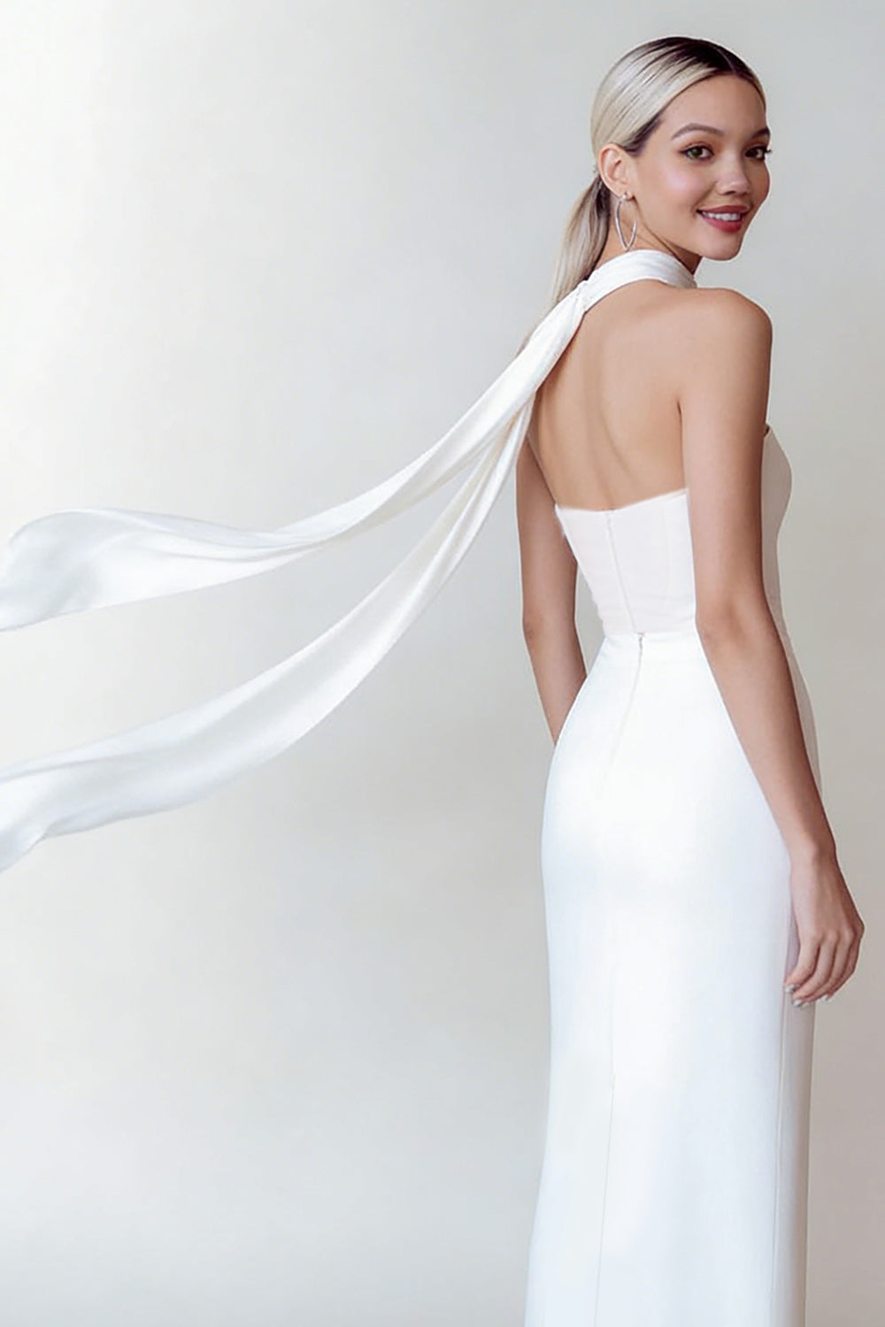 Simple White Neck Scarf Long Wedding Reception Dress with Slit