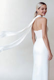 Simple White Neck Scarf Long Wedding Reception Dress with Slit