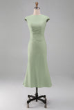 Simple White Crew Neck Bodycon Ruched Midi Rehearsal Dinner Dress