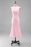 Simple White Crew Neck Bodycon Ruched Midi Rehearsal Dinner Dress