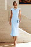 Simple White Crew Neck Bodycon Ruched Midi Rehearsal Dinner Dress