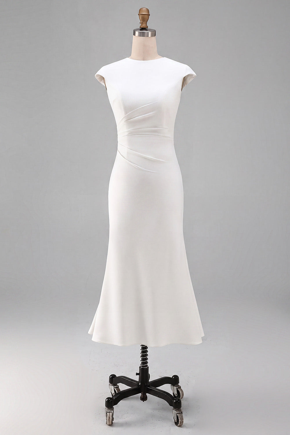 Simple White Crew Neck Bodycon Ruched Midi Rehearsal Dinner Dress