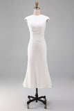 Simple White Crew Neck Bodycon Ruched Midi Rehearsal Dinner Dress
