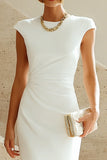 Simple White Crew Neck Bodycon Ruched Midi Rehearsal Dinner Dress
