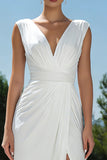 Simple White V-Neck Ruched Midi Engagement Dress With Slit