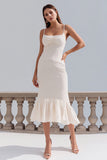 Ivory Spaghetti Straps Ruffled Midi Engagement Dress