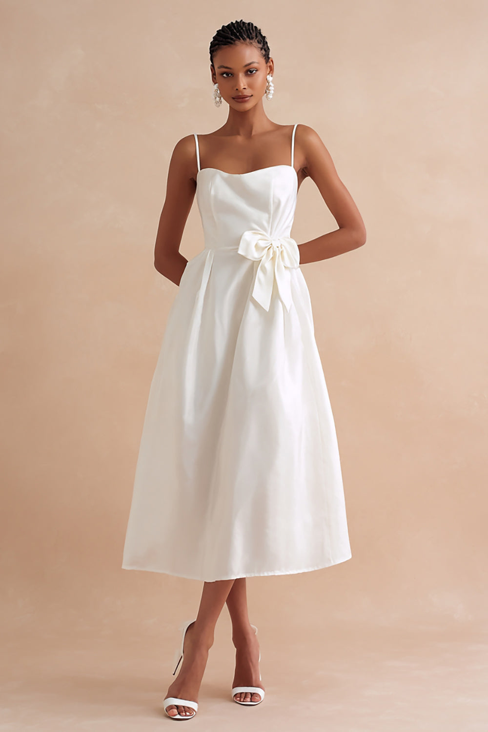 White Spaghetti Straps A Line Midi Engagement Dress with Bow