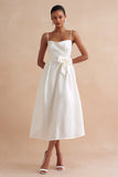 White Spaghetti Straps A Line Midi Engagement Dress with Bow