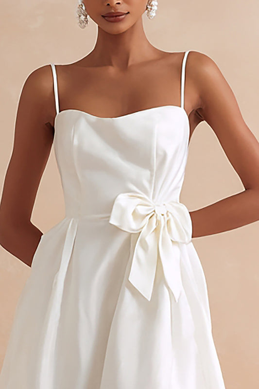 White Spaghetti Straps A Line Midi Engagement Dress with Bow