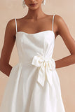 White Spaghetti Straps A Line Midi Engagement Dress with Bow