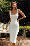 White Square Neck Bodycon Midi Bridal Shower Dress
