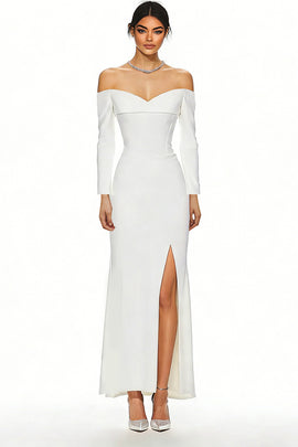 Simple White Sheath Long Sleeves Wedding Reception Dress with Slit