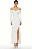Simple White Sheath Long Sleeves Wedding Reception Dress with Slit