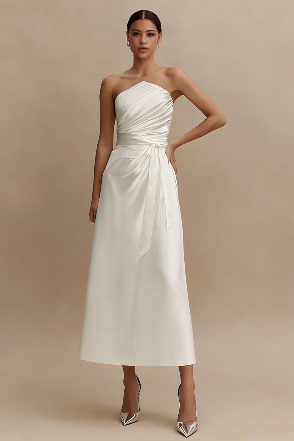 White A Line Strapless Ruched Midi Engagement Dress
