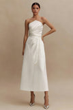 White A Line Strapless Ruched Midi Engagement Dress