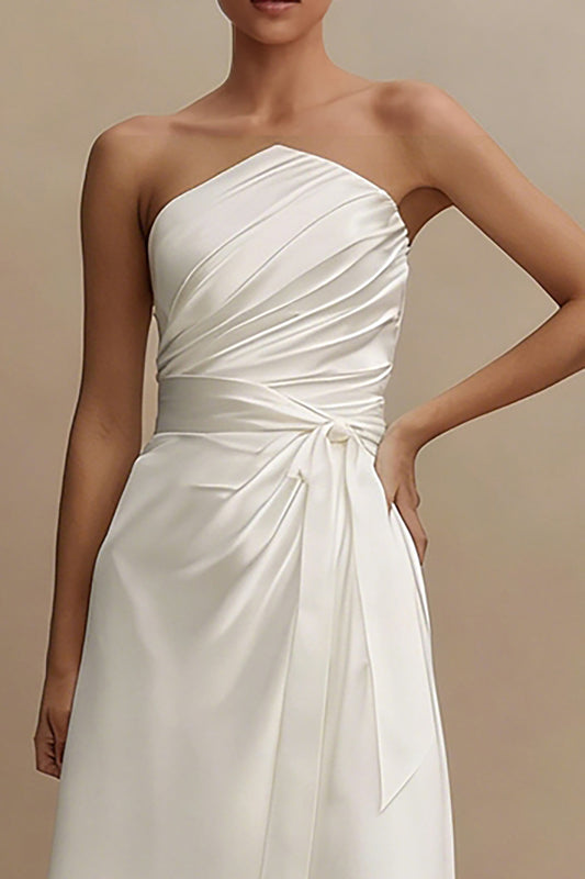 White A Line Strapless Ruched Midi Engagement Dress