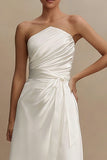 White A Line Strapless Ruched Midi Engagement Dress