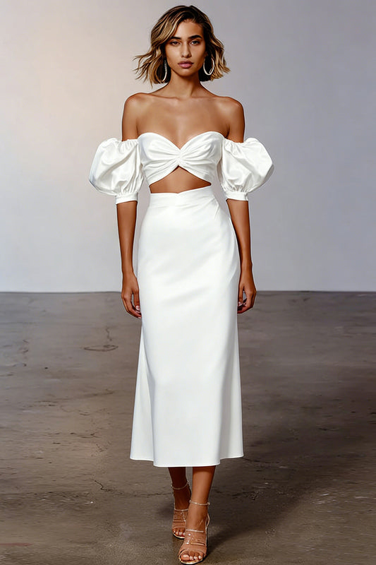 Two Piece White Sheath Midi Engagement Dress with Sleeves