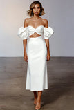 Two Piece White Sheath Midi Engagement Dress with Sleeves
