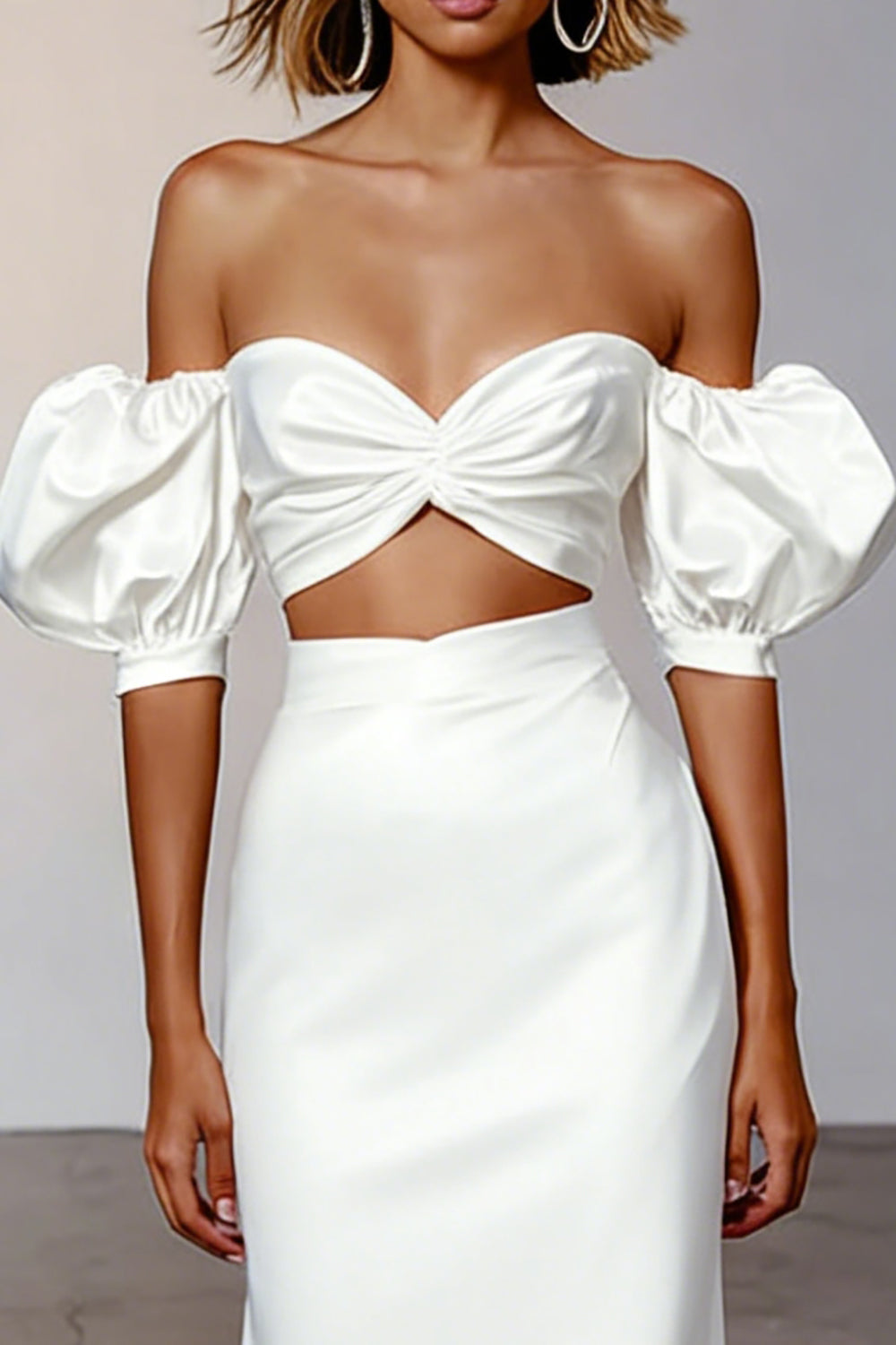 Two Piece White Sheath Midi Engagement Dress with Sleeves