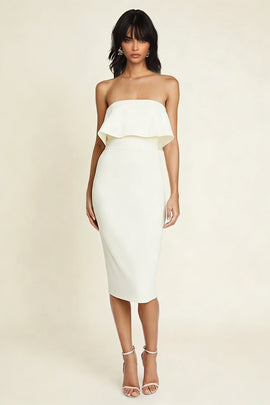 Simple White Sheath Strapless Midi Engagement Dress