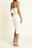 Simple White Sheath Strapless Midi Engagement Dress
