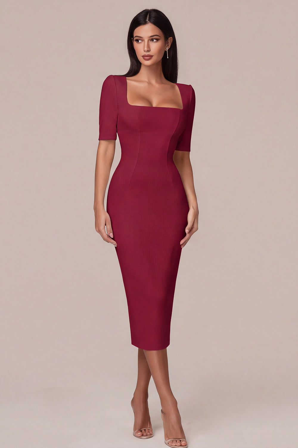 Simple White Square Neck Bodycon Midi Engagement Dress with Sleeves