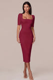 Simple White Square Neck Bodycon Midi Engagement Dress with Sleeves