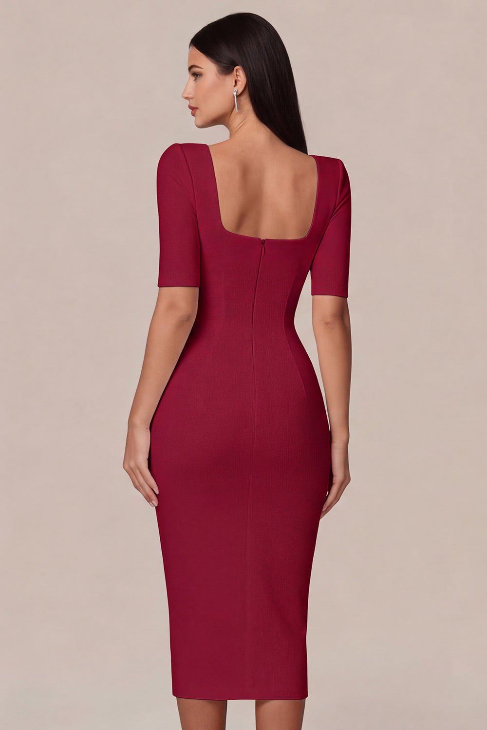 Simple White Square Neck Bodycon Midi Engagement Dress with Sleeves