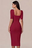 Simple White Square Neck Bodycon Midi Engagement Dress with Sleeves