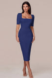Simple White Square Neck Bodycon Midi Engagement Dress with Sleeves
