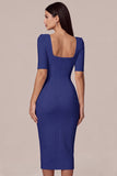 Simple White Square Neck Bodycon Midi Engagement Dress with Sleeves