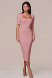 Simple White Square Neck Bodycon Midi Engagement Dress with Sleeves