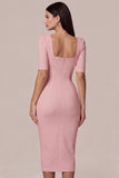 Simple White Square Neck Bodycon Midi Engagement Dress with Sleeves