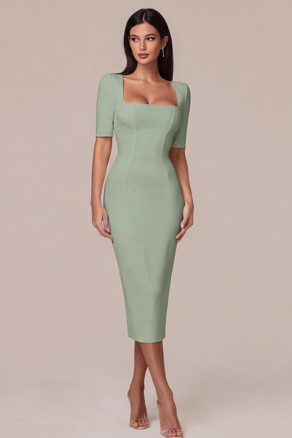 Simple White Square Neck Bodycon Midi Engagement Dress with Sleeves
