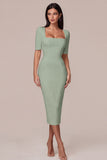Simple White Square Neck Bodycon Midi Engagement Dress with Sleeves