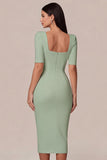 Simple White Square Neck Bodycon Midi Engagement Dress with Sleeves