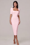 Simple White Square Neck Bodycon Midi Engagement Dress with Sleeves