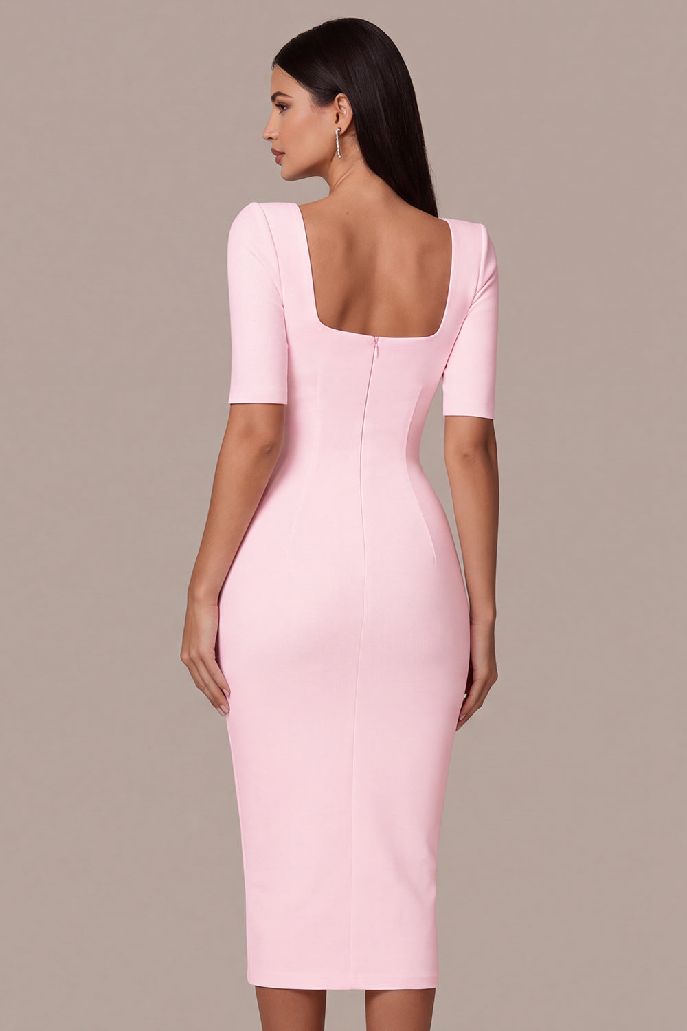 Simple White Square Neck Bodycon Midi Engagement Dress with Sleeves