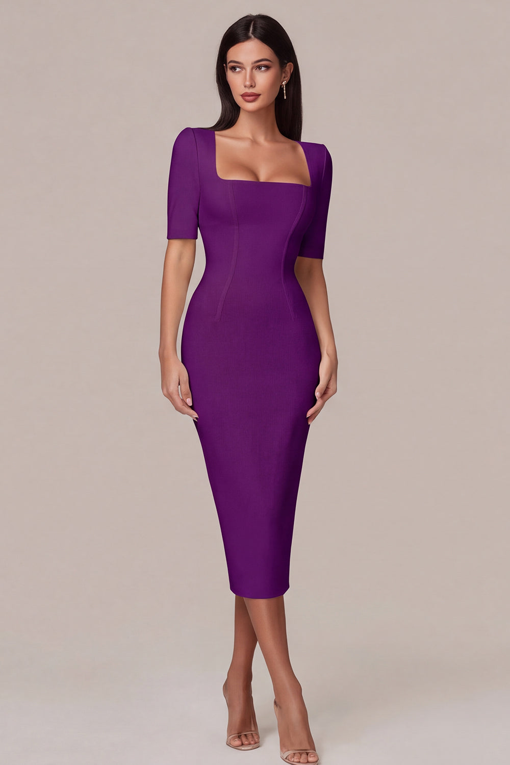 Simple White Square Neck Bodycon Midi Engagement Dress with Sleeves