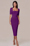 Simple White Square Neck Bodycon Midi Engagement Dress with Sleeves