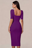 Simple White Square Neck Bodycon Midi Engagement Dress with Sleeves