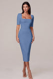 Simple White Square Neck Bodycon Midi Engagement Dress with Sleeves