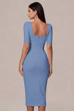 Simple White Square Neck Bodycon Midi Engagement Dress with Sleeves